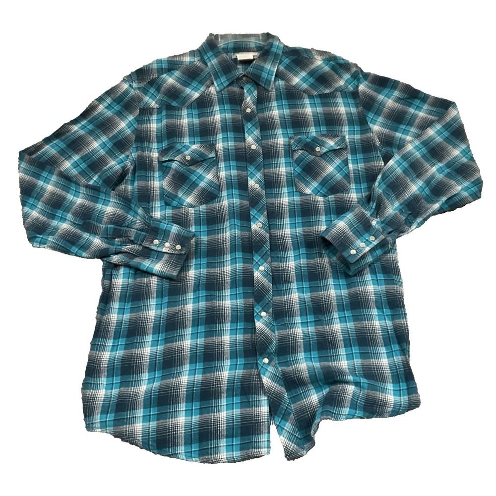 Wrangler Wrancher Pearl Snap Western Shirt Men's‎ XLT Blue Plaid Cowboy